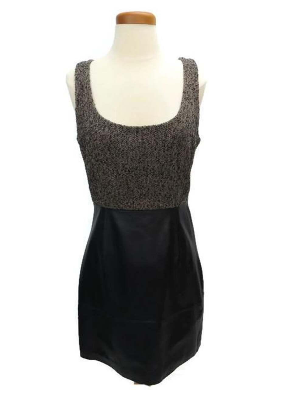 B B Dakota Dress 6 Black Beige Herringbone Top Brown Leather Skirt Sleeveless